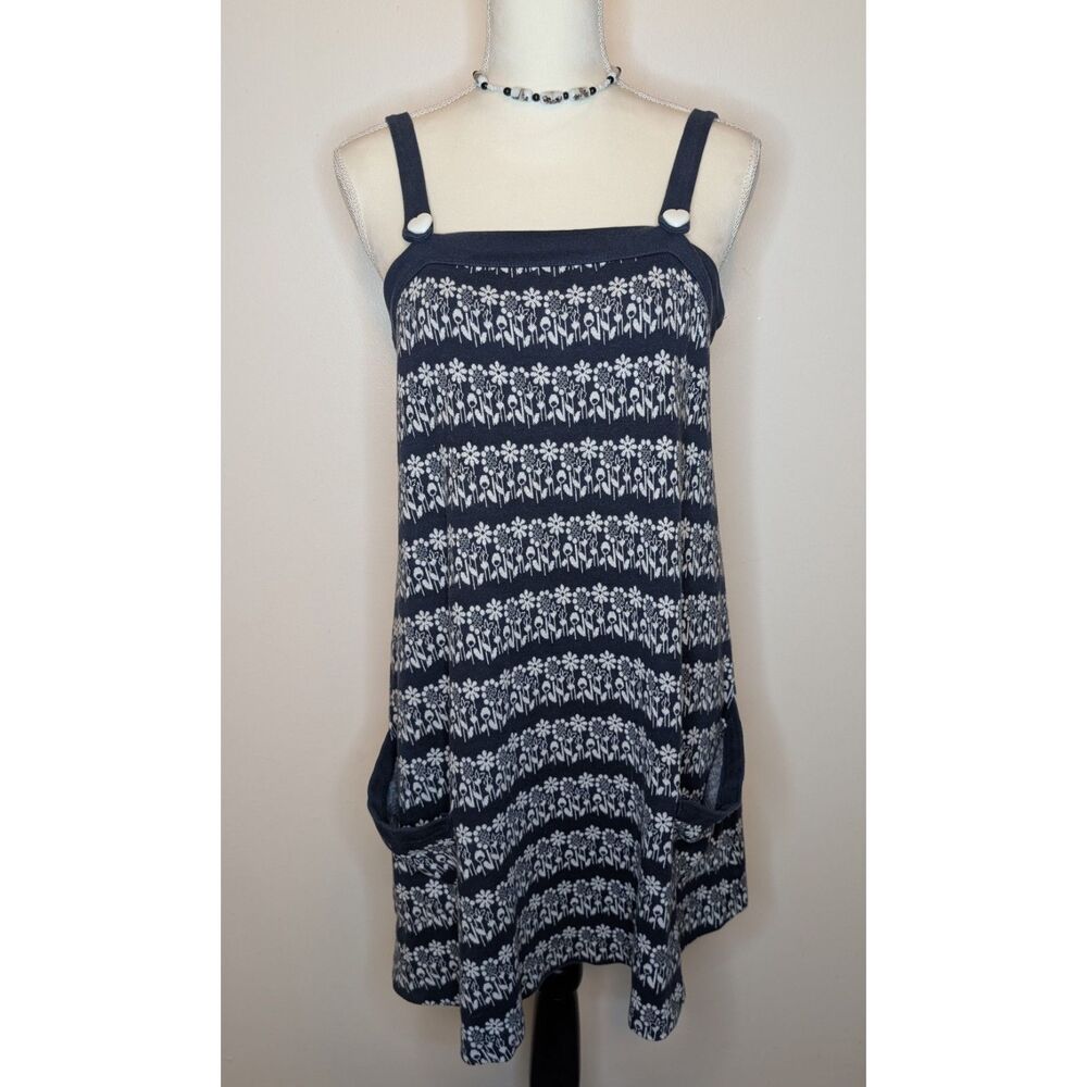 Billabong Y2K Navy Floral Overall Dress Tunic Heart Buttons Pockets Knit